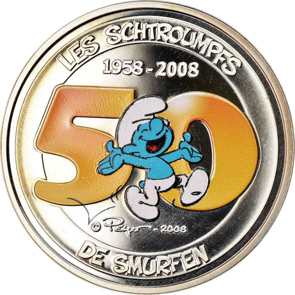 Belgium, 5 Euro, Smurfs, 2008, Colourized, MS(65-70), Silver, KM:270a