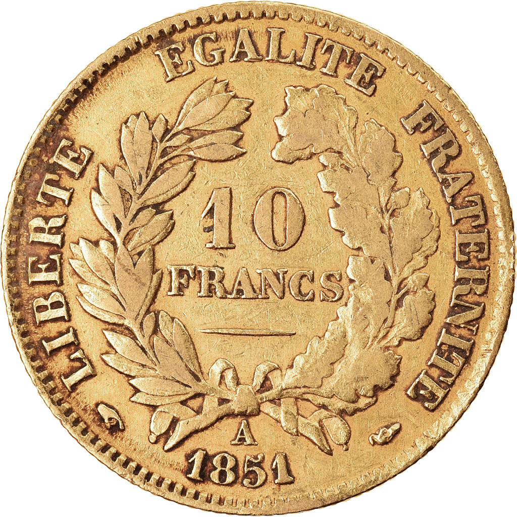 Moneda, Francia, Cérès, 10 Francs, 1851, Paris, BC+, Oro, KM:770, Gadoury:1012