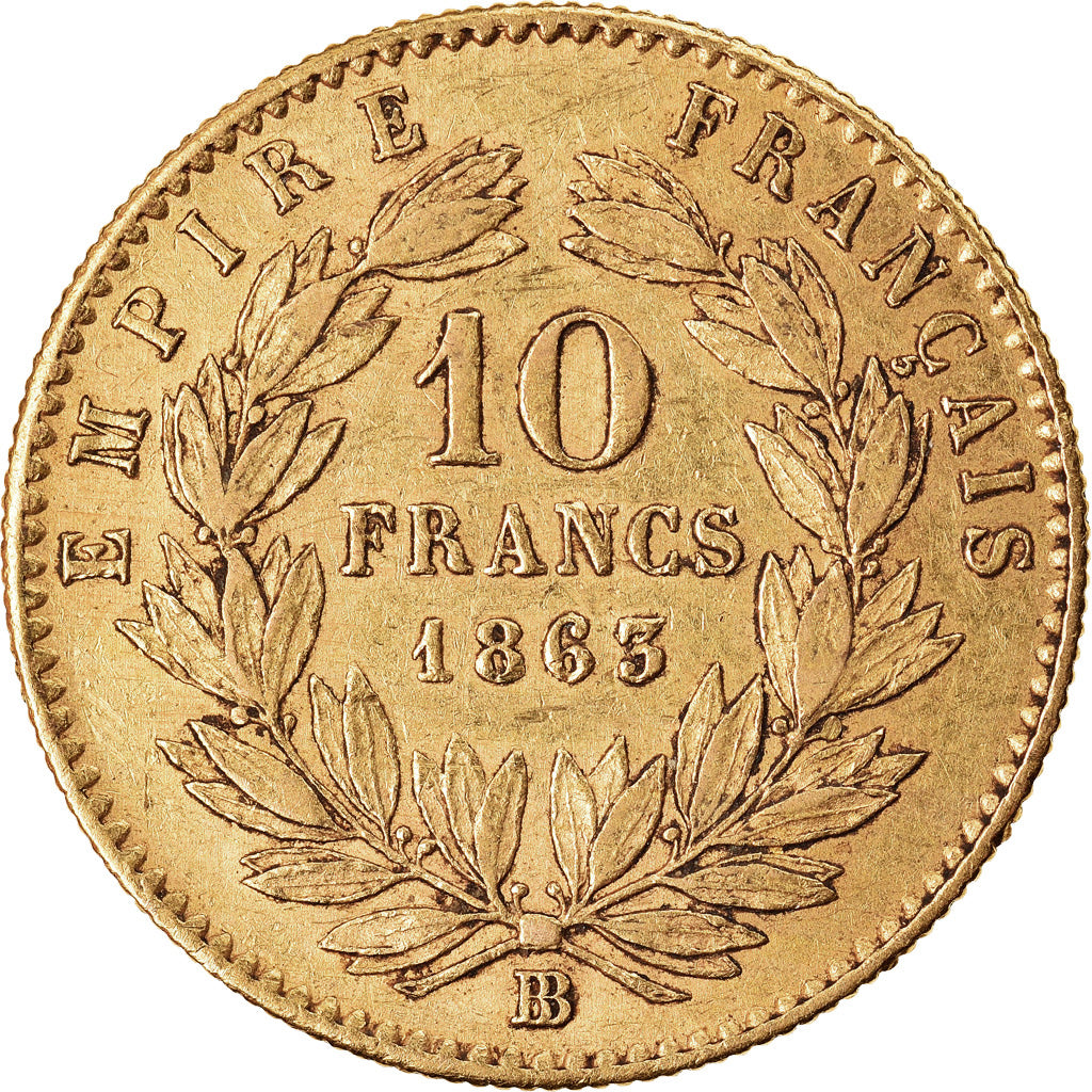 Moneda, Francia, Napoleon III, 10 Francs, 1863, Strasbourg, MBC, Oro, KM:800.2