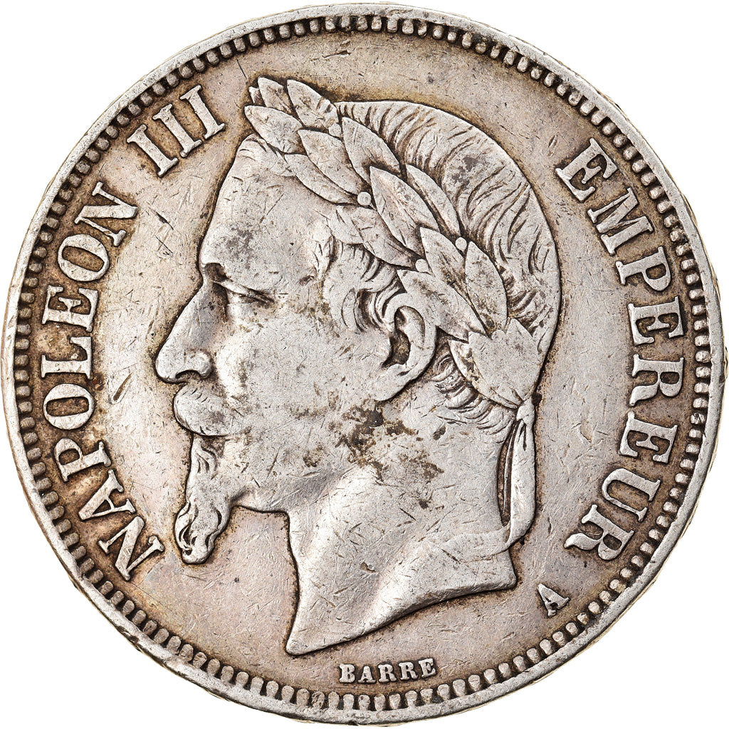 Moneda, Francia, Napoleon III, 5 Francs, 1868, Paris, BC+, Plata, KM:799.1
