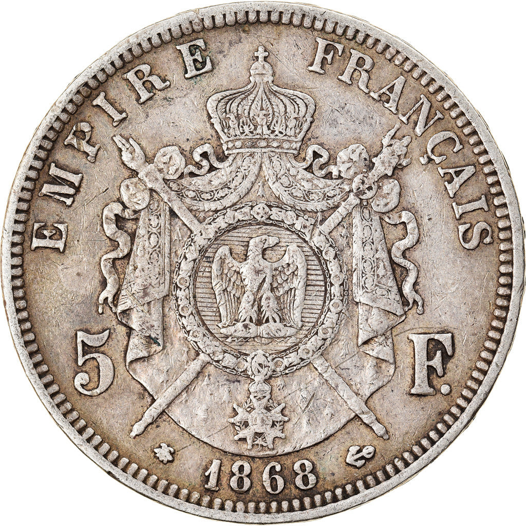 Moneda, Francia, Napoleon III, 5 Francs, 1868, Paris, BC+, Plata, KM:799.1