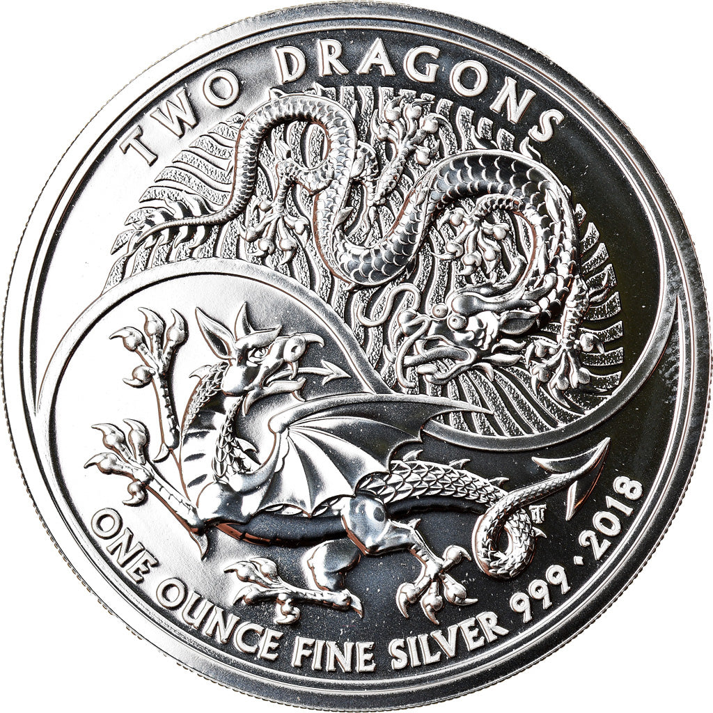 Coin, Great Britain, Two Dragons, 2 Pounds, 2018, 1 Oz, MS(65-70), Silver