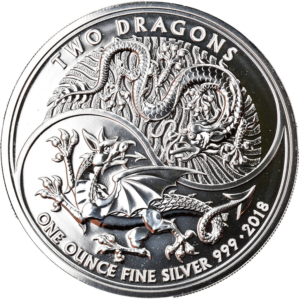 Coin, Great Britain, Two Dragons, 2 Pounds, 2018, 1 Oz, MS(65-70), Silver