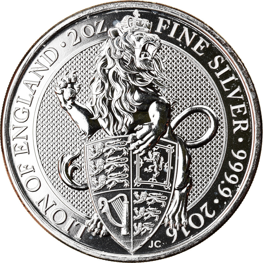 Coin, Great Britain, Lion of England, 5 Pounds, 2016, 2 Oz, MS(65-70), Silver