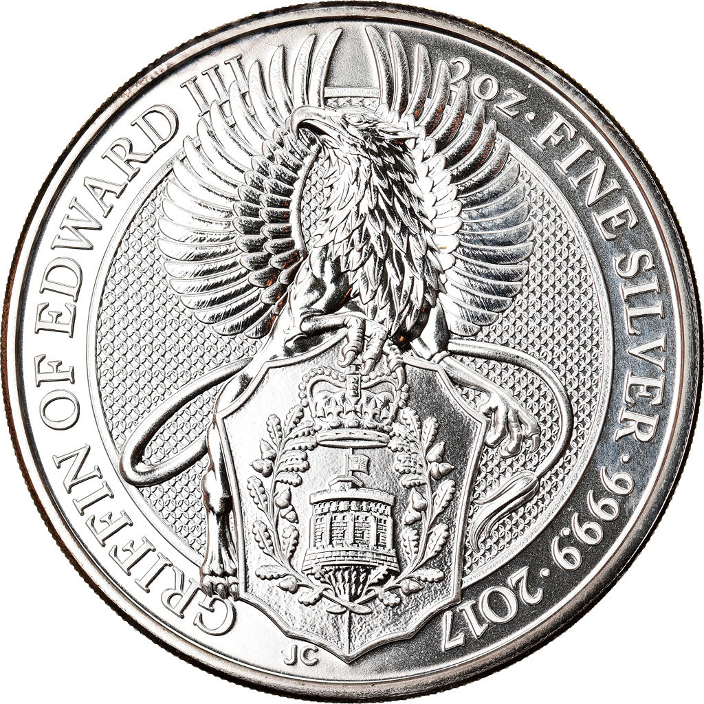 Coin, Great Britain, Griffin of Edward, 5 Pounds, 2017, 2 Oz, MS(65-70), Silver