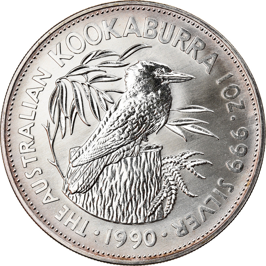 Coin, Australia, Australian Kookaburra, 1 Dollar, 1990, 1 Oz, MS(65-70), Silver