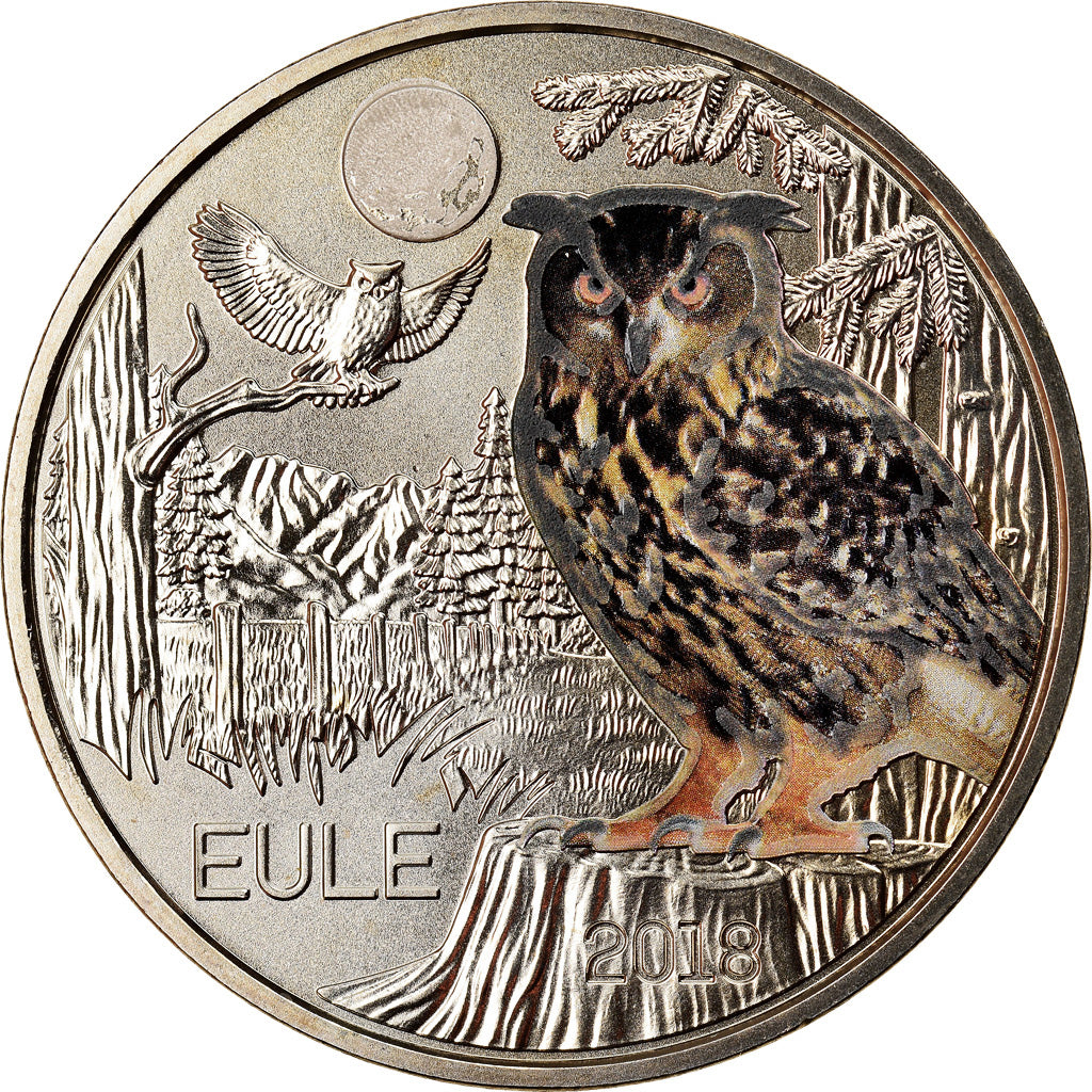Austria, 3 Euro, The Owl, 2018, Colourized, MS(65-70), Copper-nickel