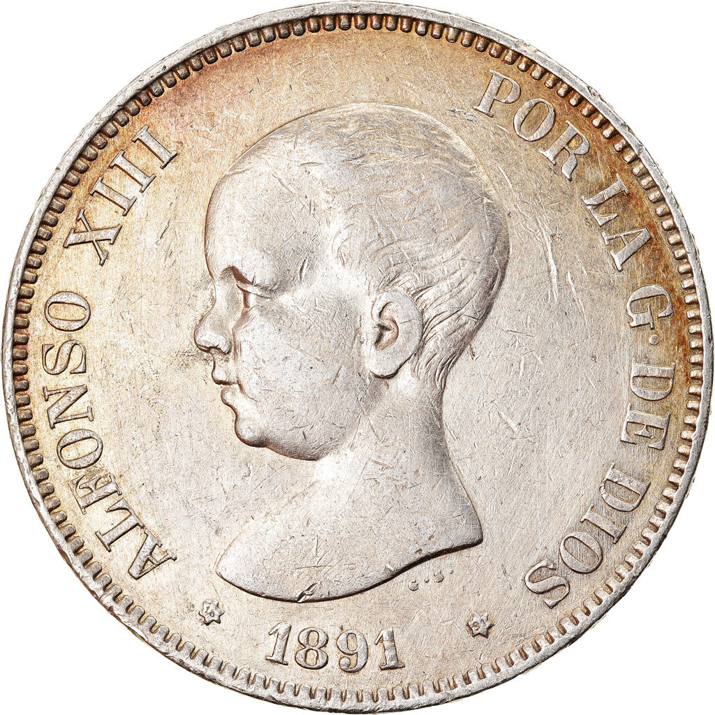 Moneda, España, Alfonso XIII, 5 Pesetas, 1891, MBC, Plata, KM:689