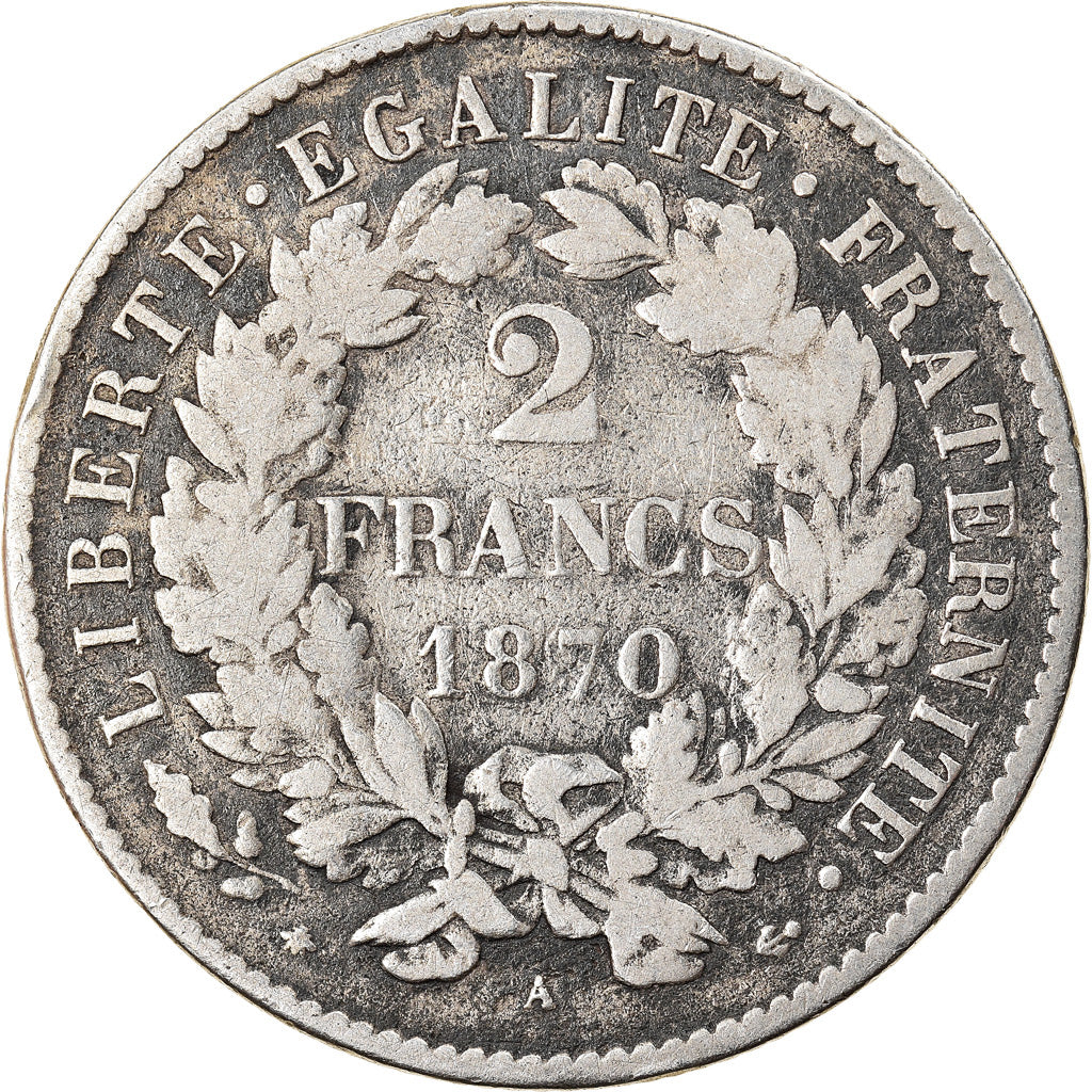 Moneta, Francia, Cérès, 2 Francs, 1870, Paris, MB, Argento, KM:817.1