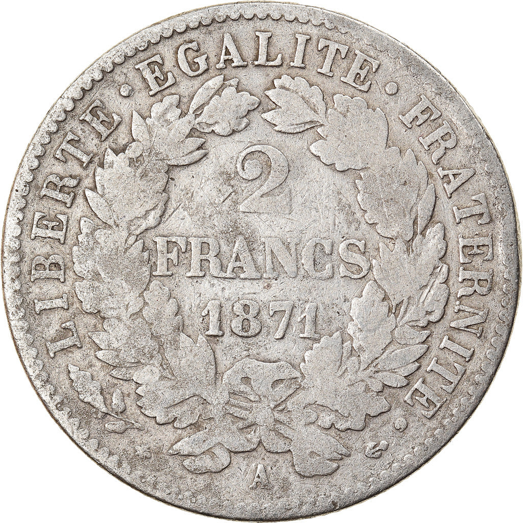Coin, France, Cérès, 2 Francs, 1871, Paris, Large A, VF(20-25), Silver