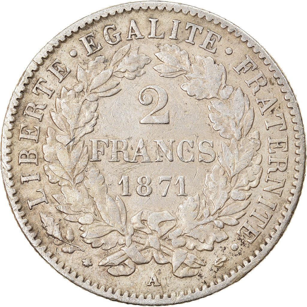 Coin, France, Cérès, 2 Francs, 1871, Paris, Large A, EF(40-45), Silver