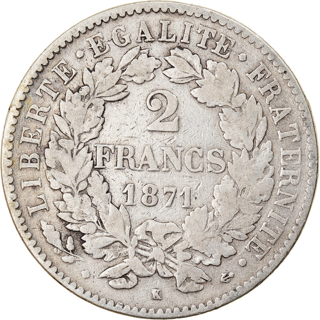 Coin, France, Cérès, 2 Francs, 1871, Bordeaux, VF(30-35), Silver, KM:817.2