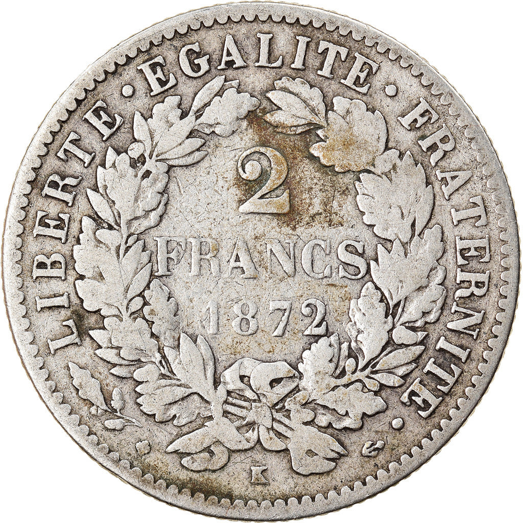 Coin, France, Cérès, 2 Francs, 1872, Bordeaux, VF(20-25), Silver, KM:817.2
