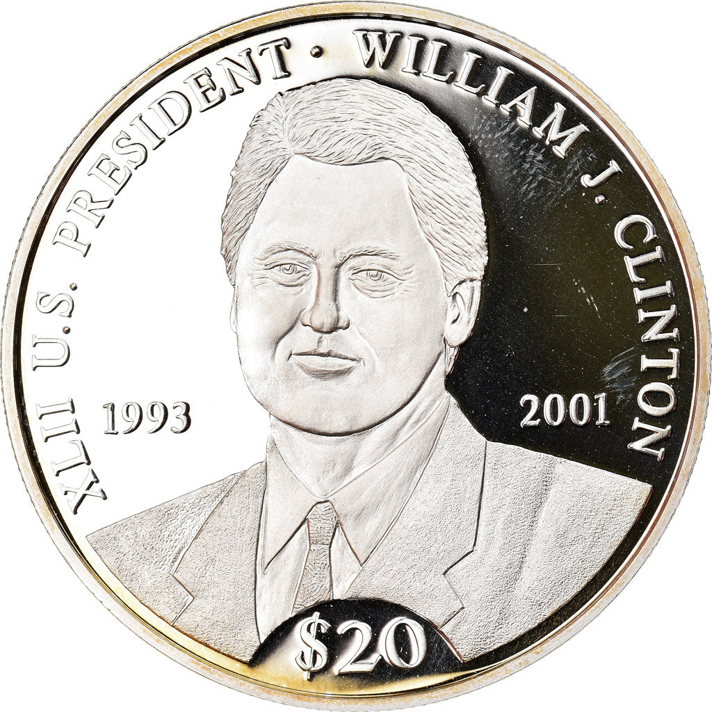 Coin, Liberia, William J. Clinton, 20 Dollars, 2000, MS(65-70), Silver, KM:906