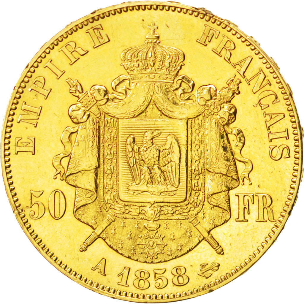 Francia, Napoleon III, Napoléon III, 50 Francs, 1858, Paris, BB+, Oro, KM:78...