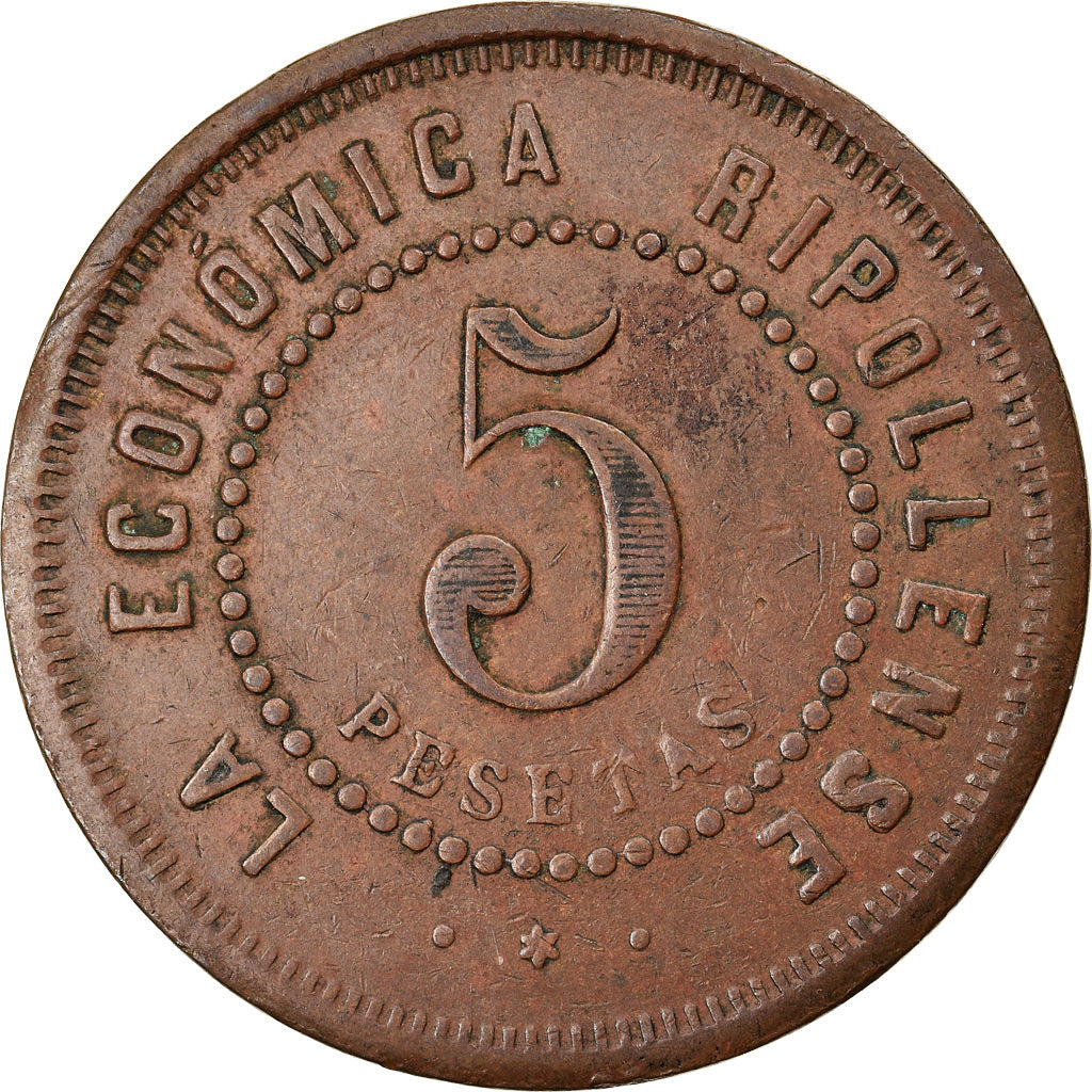 Monnaie, Espagne, Cooperatismo, Ripoll, 5 Pesetas, TTB, Cuivre
