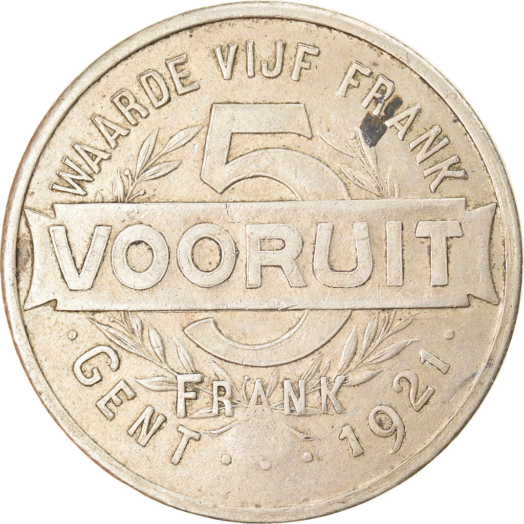 Moeda, Bélgica, Gent Broodpenning, Gent, 5 Franken, 1921, Contramarca