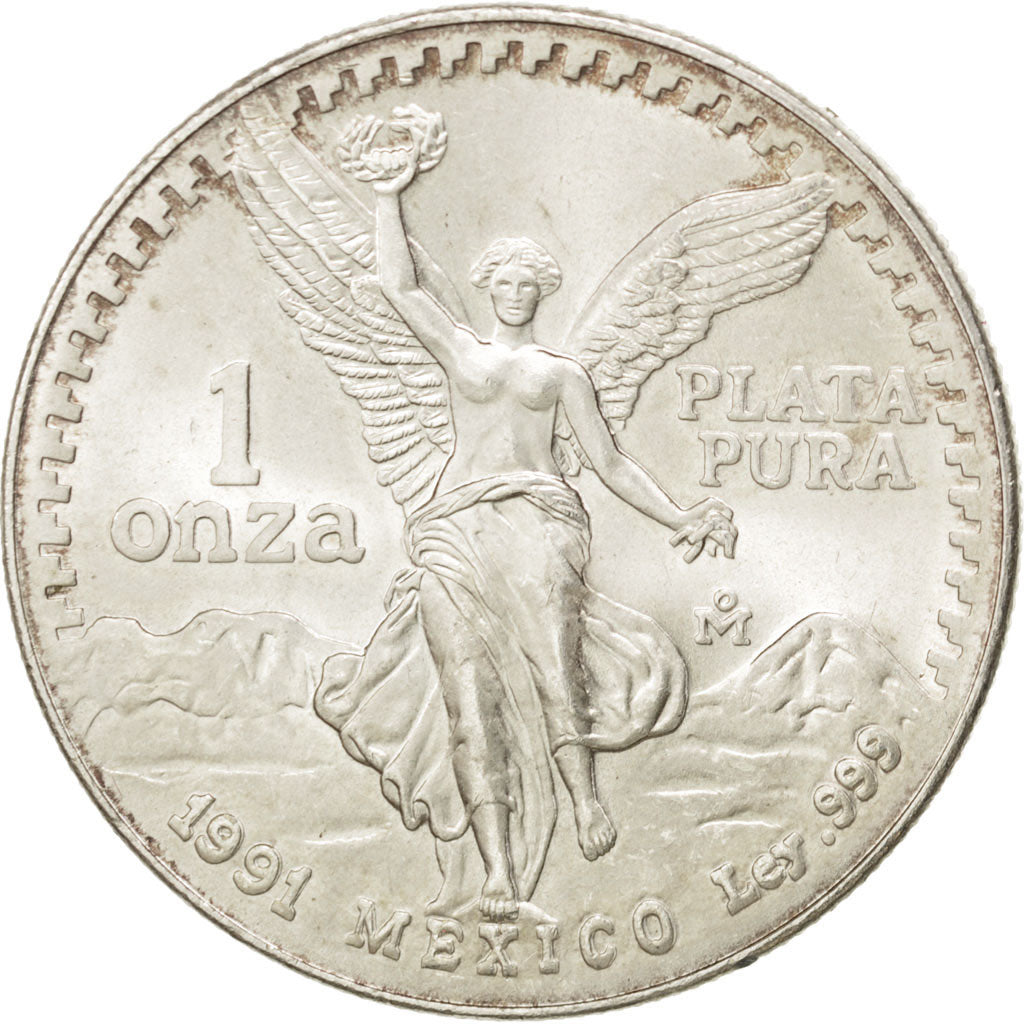 MEXICO, Onza, Troy Ounce of Silver, 1991, Mexico City, KM #494.3, MS(63),...
