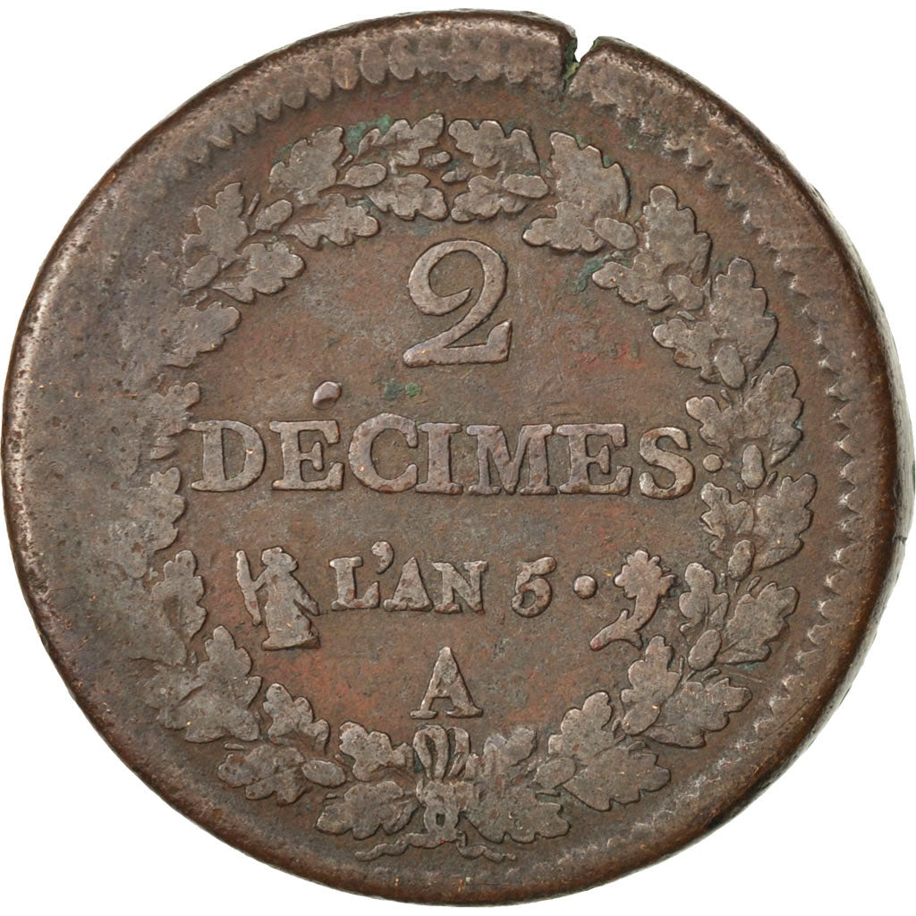FRANCE, Dupré, 2 Decimes, 1796, Paris, KM #638.1, VF(20-25), Bronze, 31, Gadoury