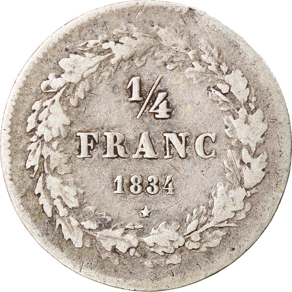 Munten, België, Leopold I, 1/4 Franc, 1834, FR+, Zilver, KM:8