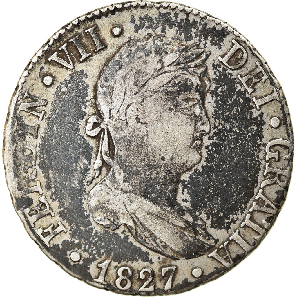 Moneda, España, Ferdinand VII, 2 Reales, 1827, Seville, BC+, Plata, KM:460.3