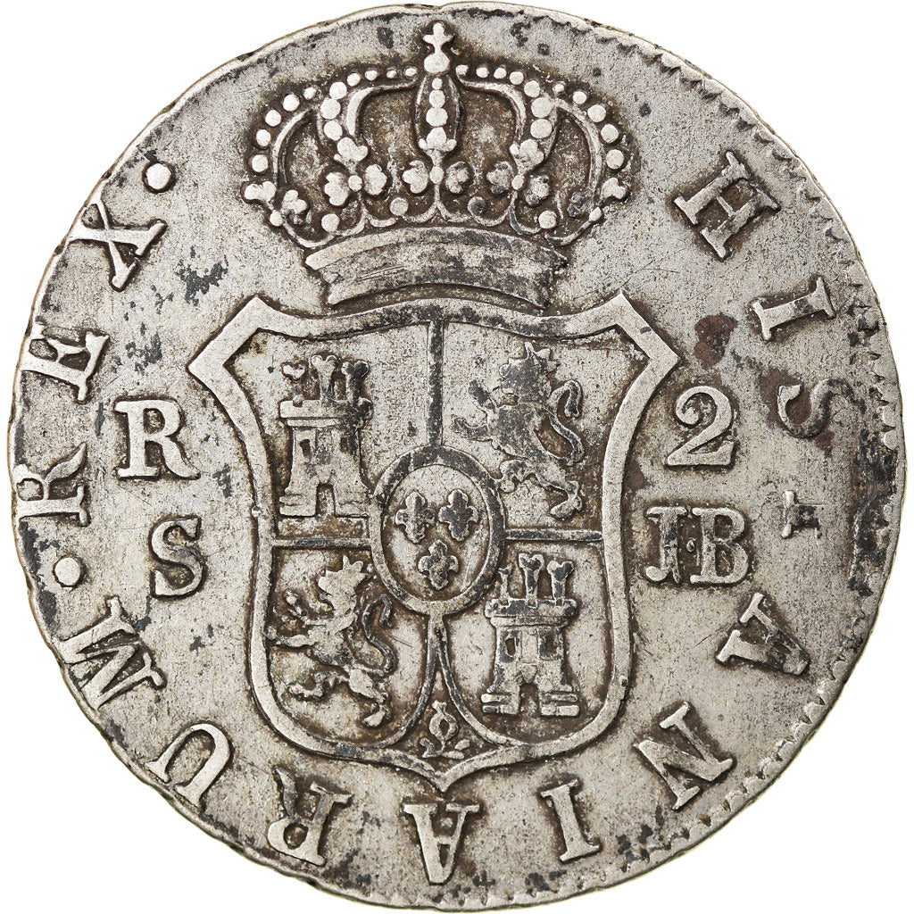 Moneda, España, Ferdinand VII, 2 Reales, 1827, Seville, BC+, Plata, KM:460.3