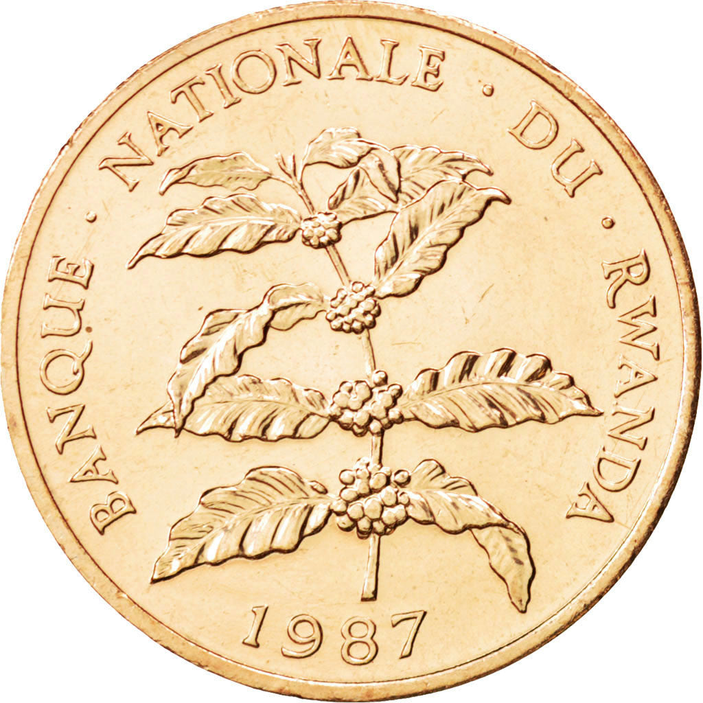 Coin, Rwanda, 5 Francs, 1987, MS(63), Bronze, KM:13