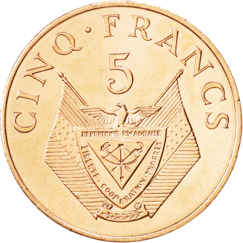 Coin, Rwanda, 5 Francs, 1987, MS(63), Bronze, KM:13