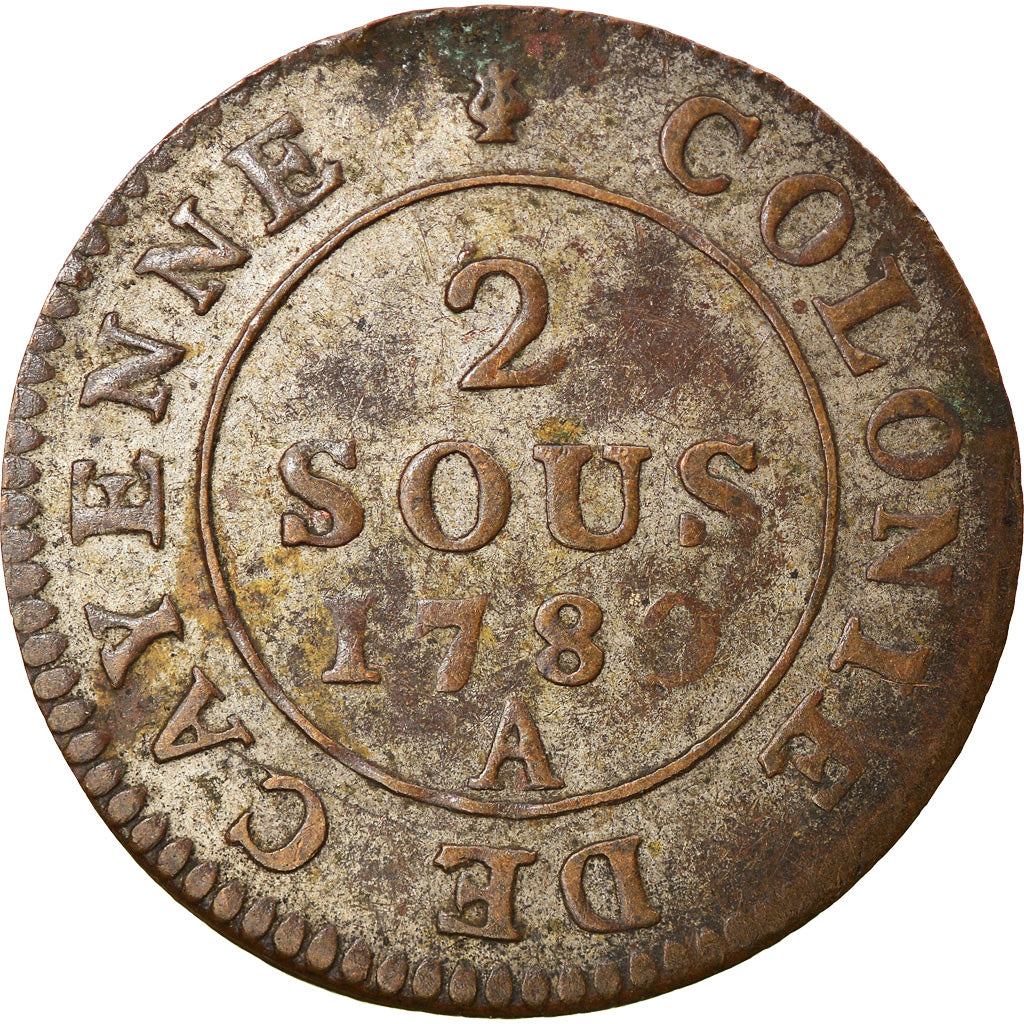 Moeda, GUIANA FRANCESA, Louis XVI, 2 Sous, 1789, Paris, EF(40-45), Lingote
