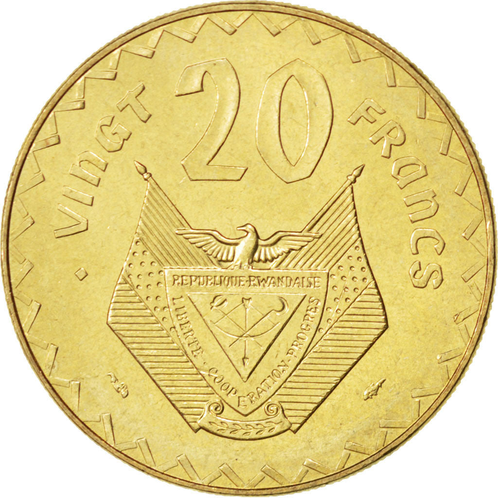 Coin, Rwanda, 20 Francs, 1977, MS(63), Brass, KM:15