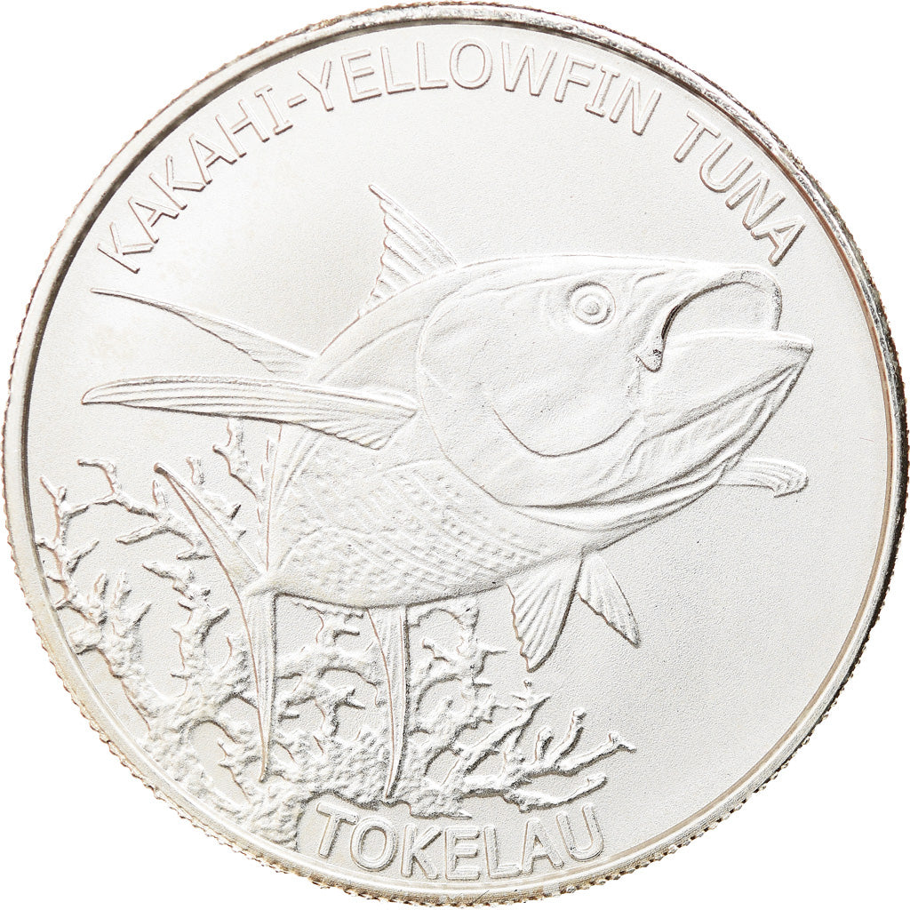 Coin, Tokelau, Yellowfin Tuna, 5 Dollars, 2014, 1 Oz, MS(65-70), Silver
