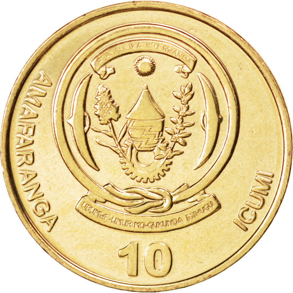 Coin, Rwanda, 10 Francs, 2009, MS(63), Brass plated steel, KM:34