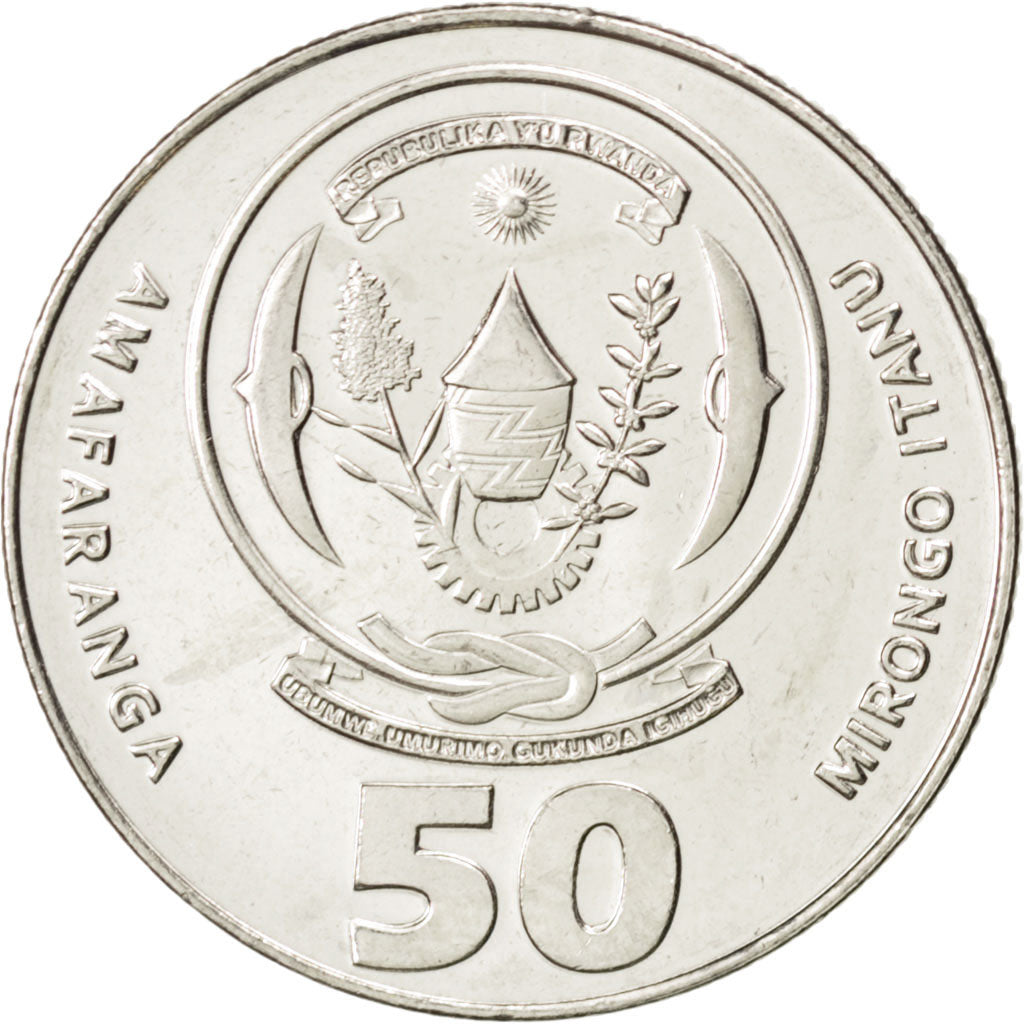 Coin, Rwanda, 50 Francs, 2011, MS(63), Nickel plated steel, KM:New