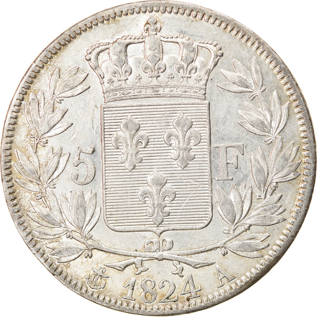 Moneta, Francia, Louis XVIII, 5 Francs, 1824, Paris, BB+, Argento, KM:711.1