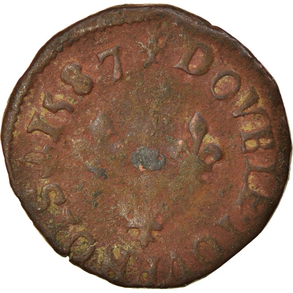 Moneta, Francia, Henri III, Double Tournois, 1587, Troyes, MB, Rame, CGKL:134