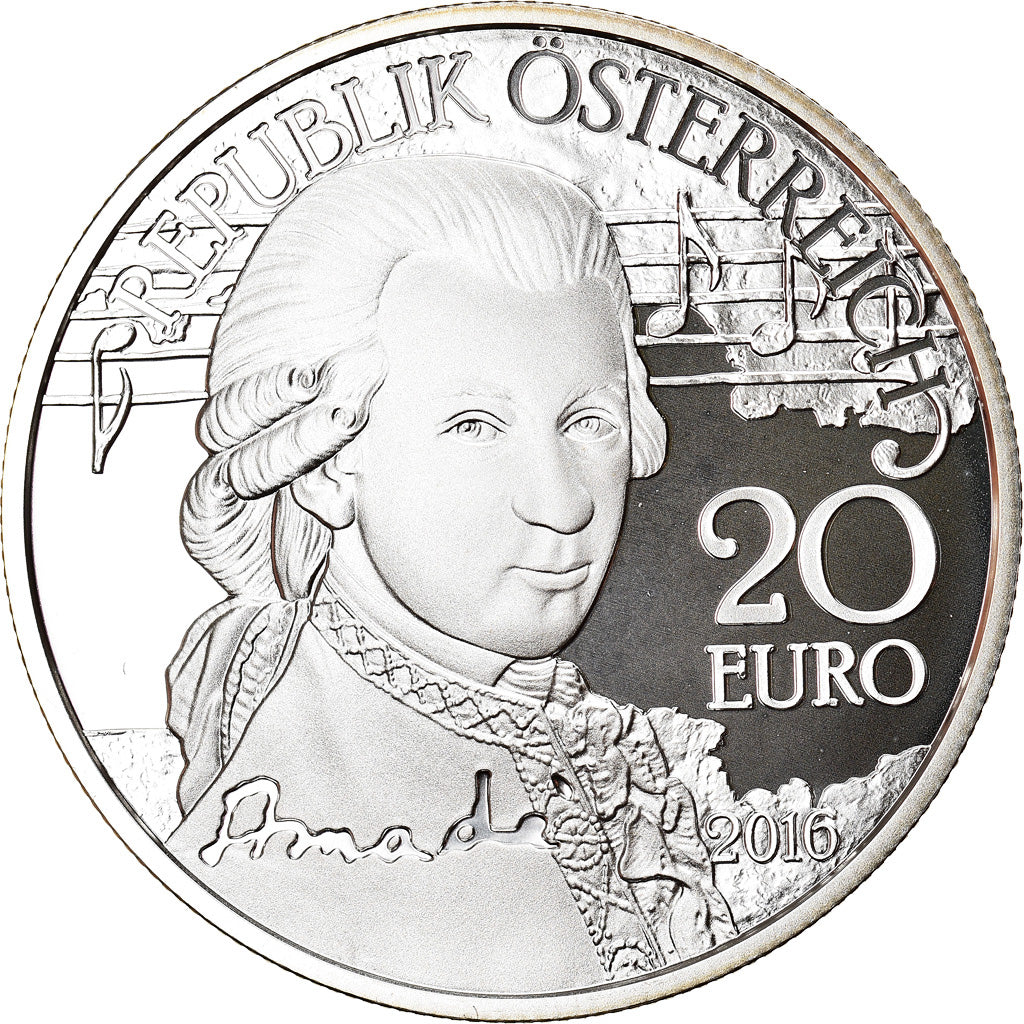 Áustria, 20 Euro, Mozart - Genius, 2016, Proof, MS(65-70), Prata