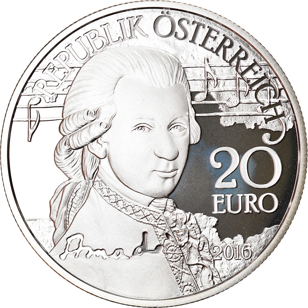 Austria, 20 Euro, Mozart - Genius, 2016, Proof, FDC, Argento