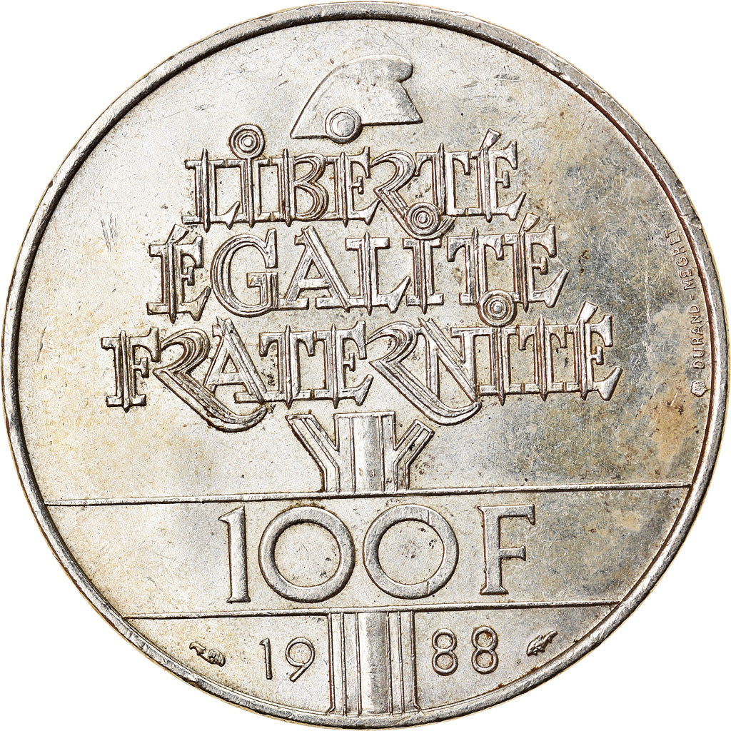 Moneda, Francia, Fraternité, 100 Francs, 1988, MBC+, Plata, KM:966, Gadoury:903