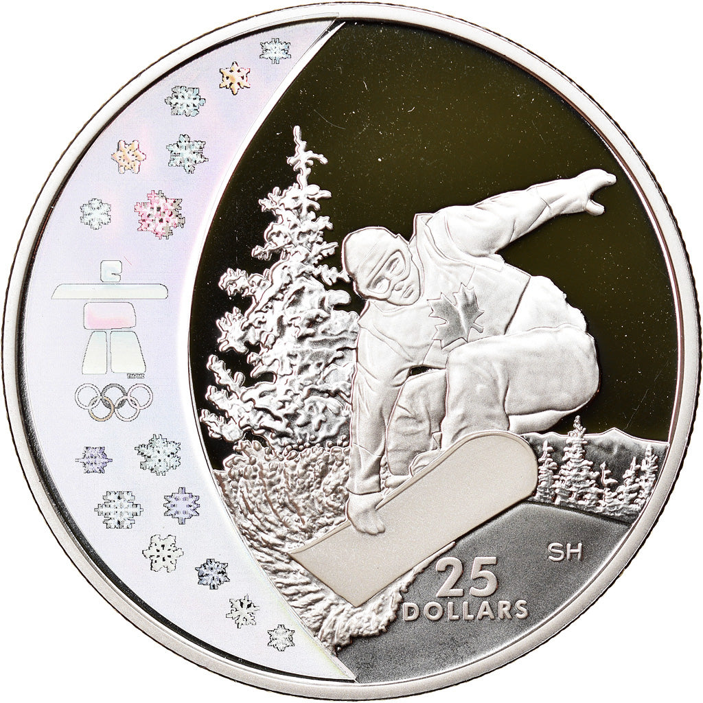 Moneda, Canadá, Elizabeth II, Snowboarding, 25 Dollars, 2008, FDC, Plata
