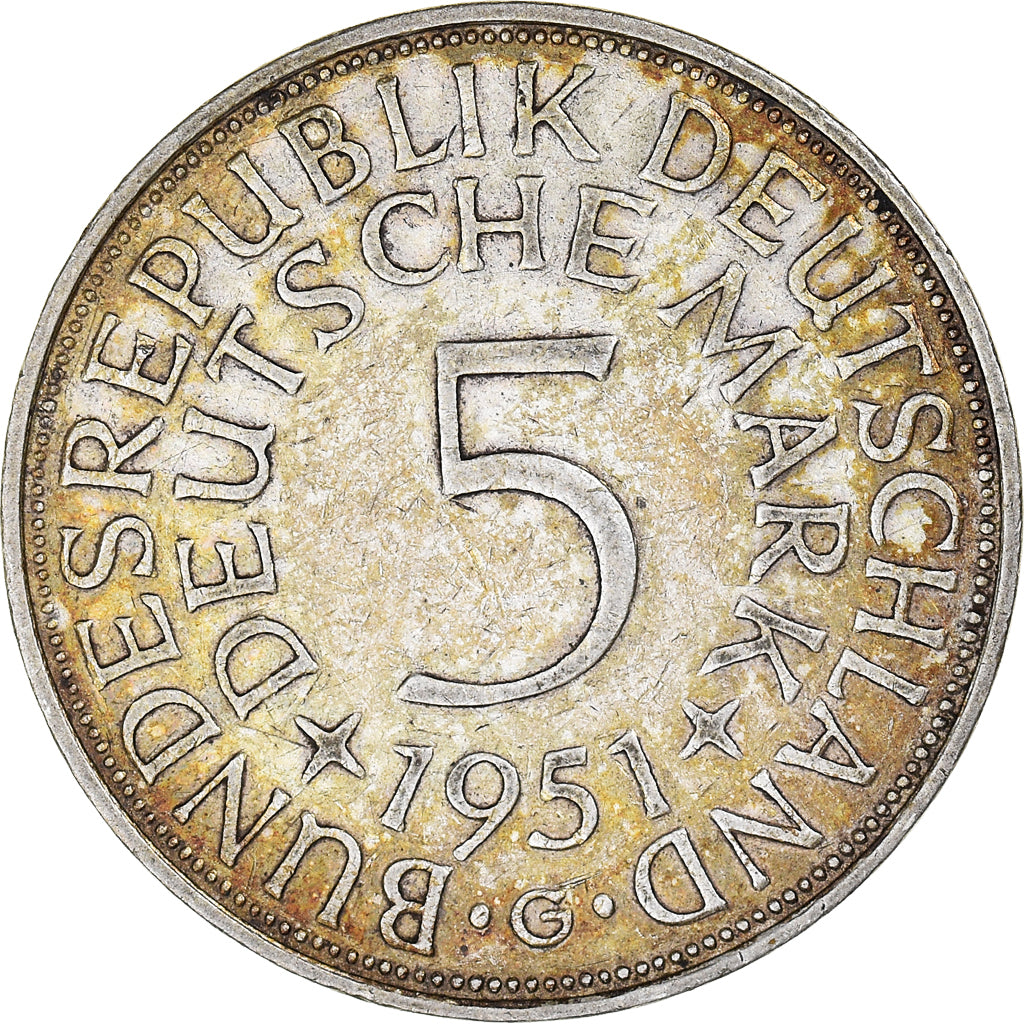 Coin, GERMANY - FEDERAL REPUBLIC, 5 Mark, 1951, Karlsruhe, AU(50-53), Silver