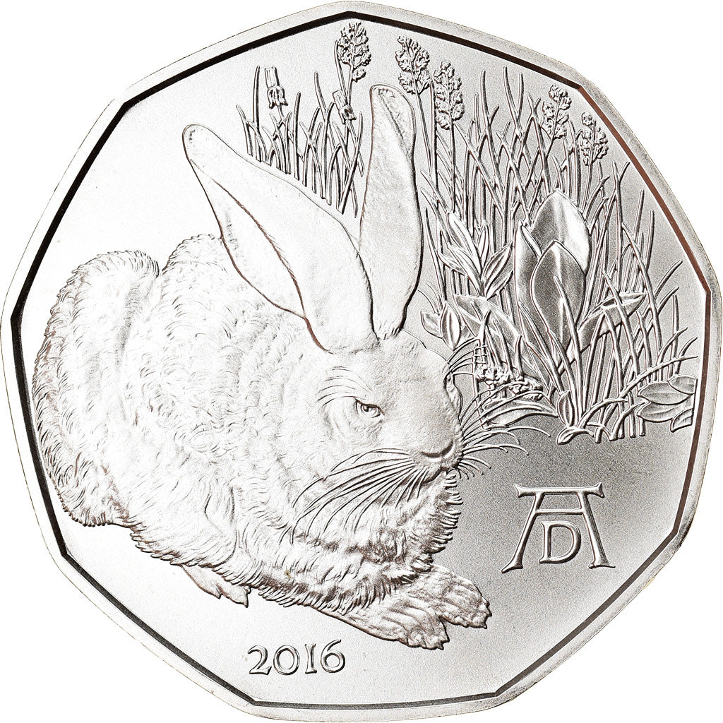 Áustria, 5 Euro, Duerer's Young Hare, 2016, MS(65-70), Prata