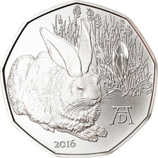 Áustria, 5 Euro, Duerer's Young Hare, 2016, MS(65-70), Prata