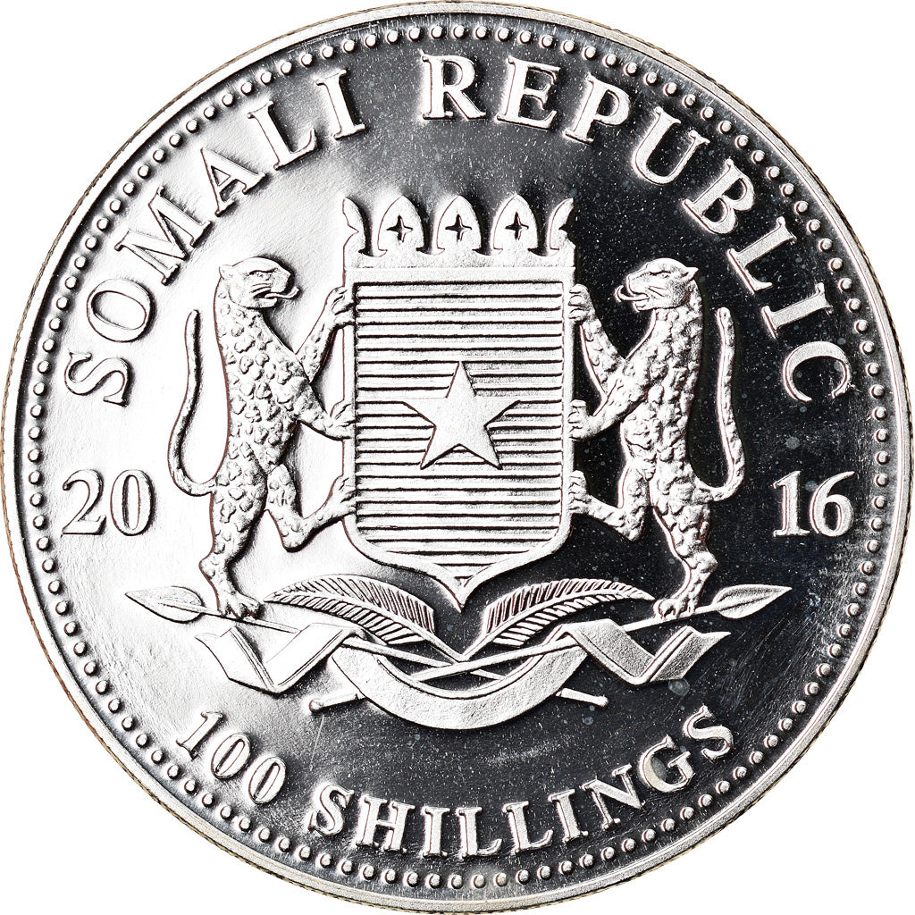Moneta, Somalia, Elephant, 100 Shillings, 2016, 1 Oz, FDC, Argento