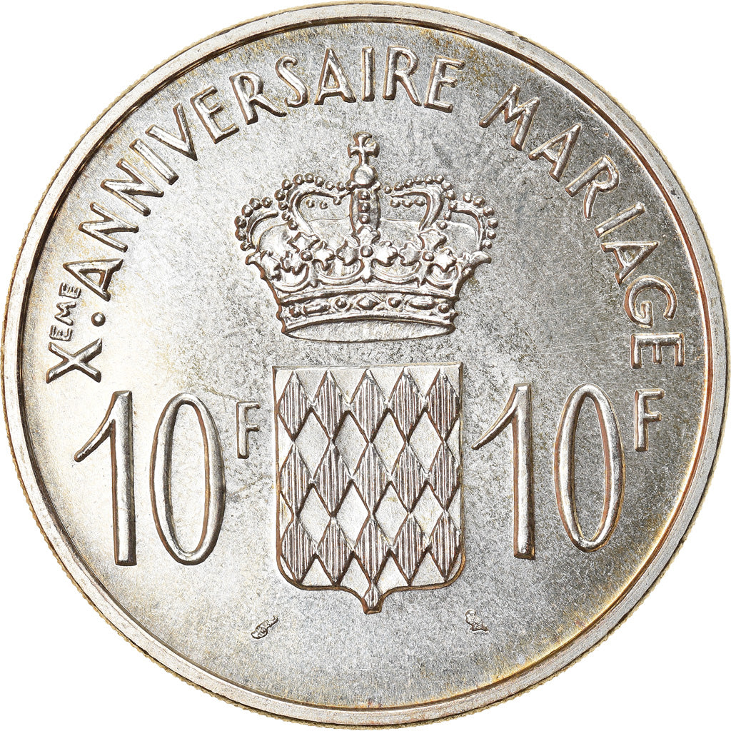 Münze, Monaco, 10th Wedding Anniversary, 10 Francs, 1966, UNZ+, Silber, KM:M1