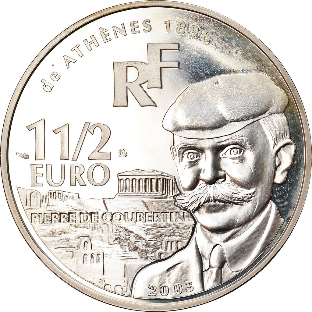 Frankrijk, 1-1/2 Euro, Pierre de Coubertin, 2003, Paris, Proof, UNC-, Zilver
