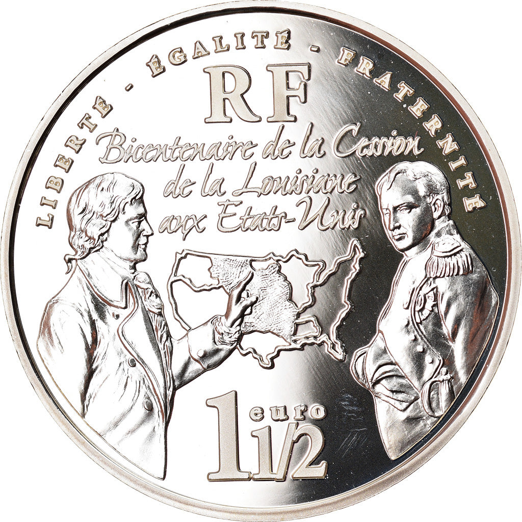 França, 1-1/2 Euro, Louisiana Purchase, 2003, Paris, Proof, MS(65-70), Prata