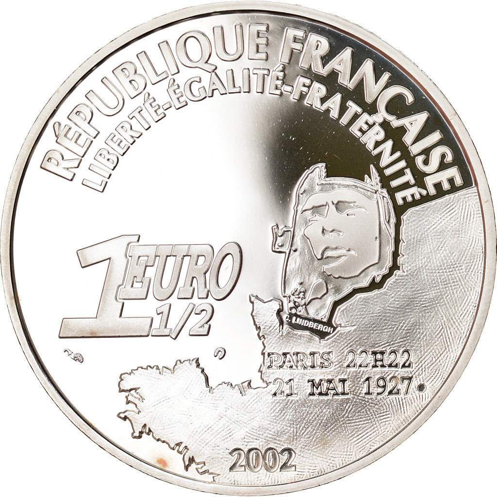 France, 1-1/2 Euro, Spirit of St. Louis, 2002, Paris, Proof, FDC, Argent