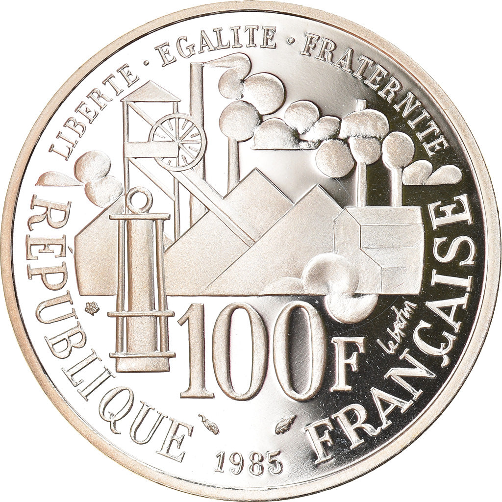Moeda, França, Emile Zola Germinal, 100 Francs, 1985, Proof, MS(65-70), Prata
