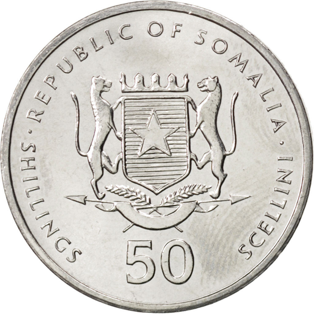 SOMALIA, 50 Shillings, 2002, KM #111, MS(63), Nickel Clad Steel, 21.9, 3.94