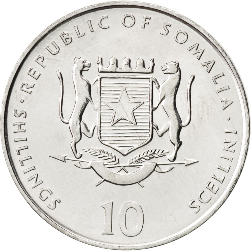 Coin, Somalia, 10 Shillings / Scellini, 2000, MS(63), Nickel Clad Steel, KM:90